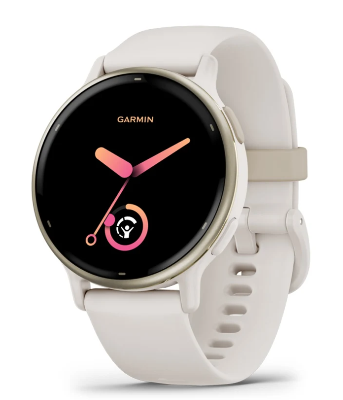 Garmin VIVOACTIVE 5 Boitier ivoire avec lunette en aluminium Soft Gold et bracelet silicone ivoire
