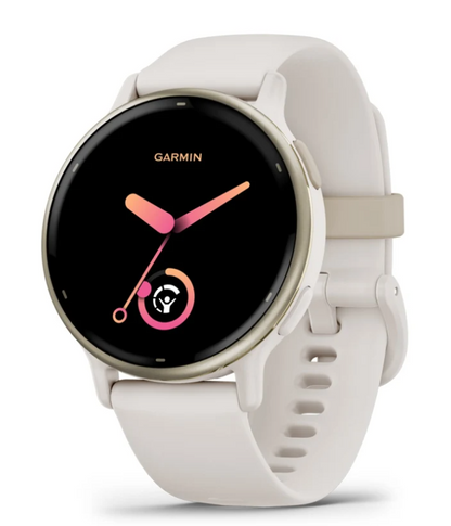 Garmin VIVOACTIVE 5 Boitier ivoire avec lunette en aluminium Soft Gold et bracelet silicone ivoire