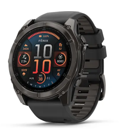 Garmin fēnix® 8 – 47 mm, AMOLED Sapphire, Titane Carbon Gray DLC avec bracelet en silicone noir/gris galet